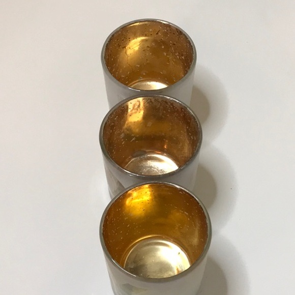 CANDLE GLASS VOTIVE HOLDER SET OF 3 SPELLS J0Y GOLD AND SILVER SPARKLE.  FROSTED - Picture 5 of 9